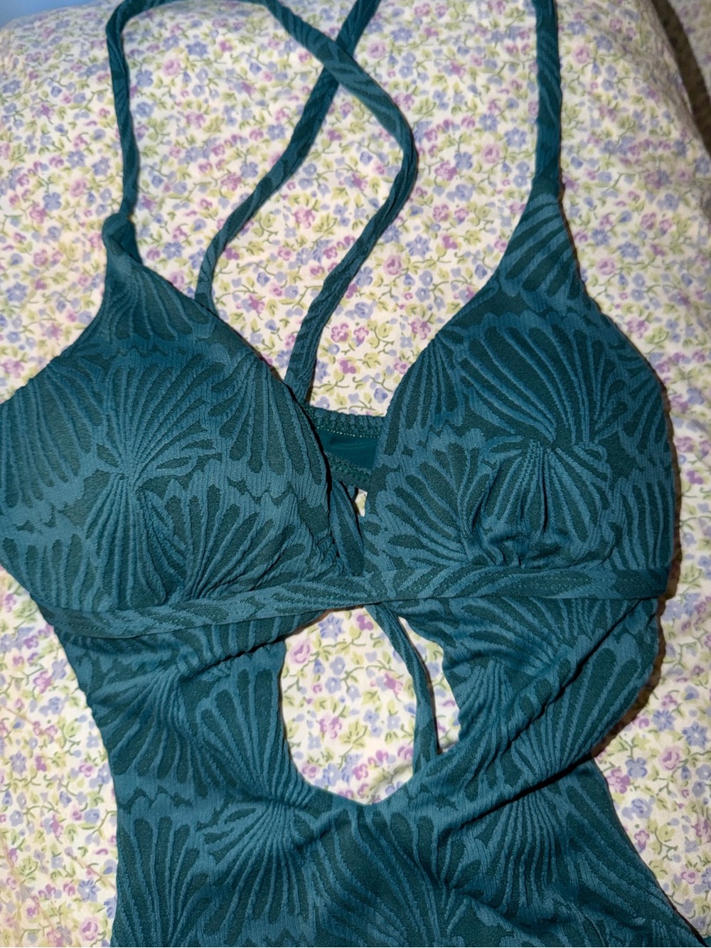 Dark Green Seashell Jacquard X Cross One-Piece Swimsuit